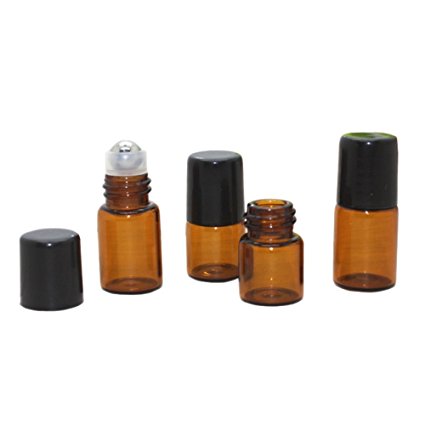 HugeStore 25 Pcs Mini Tiny Refillable Empty Essential Oil Glass Roller Bottles Aromatherapy Liquid Amber Glass Rollerball Bottles 2ml