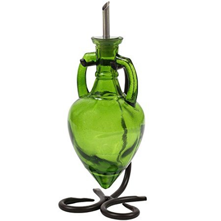 Kitchen Olive Oil Dispenser, Dish Soap Bottle or Oil Container G45F Lime Green Amphora Style Glass Bottle. Glass Bottle with Stainless Steel Pour Spout, Cork and Powder Coated Black Metal Stand