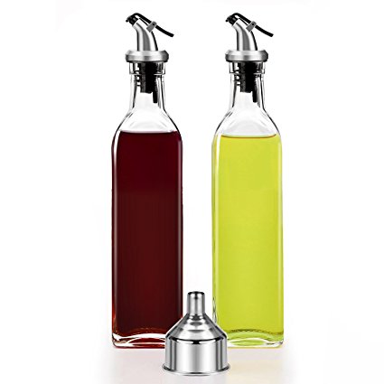 Olive Oil Dispenser - 2 Pack Oil and Vinegar Dispenser ( 17OZ ) Salad Dressing Cruet Glass Bottle Olive Oil Bottles Dispenser Glass Oil Bottle Coconut Oil bottle with 1 Stainless Steel Funnel