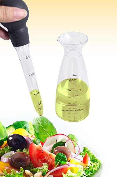 JustNile Olive Oil Baster Dispenser, Oil & Vinegar Cruet, Liquid Sauce Seasoning Dressing Bottle with Measuring Marks - 11.83oz / 350ml with Silicone/Acrylic Bulb Pipette Dropper