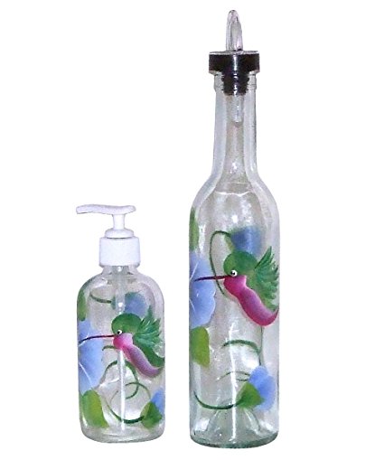 ArtisanStreet's Hummingbird Pour Bottle and Dispenser Set. Hand Painted