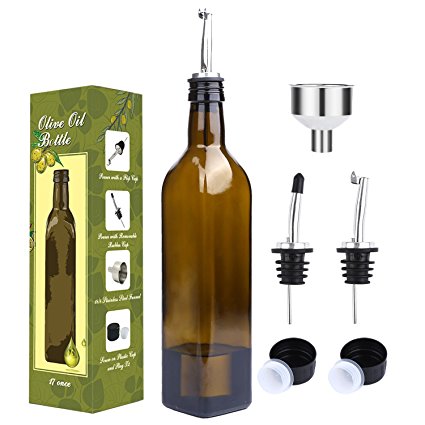 Aozita 17oz Glass Olive Oil Bottle Set - 500ml Dark Brown Oil & Vinegar Cruet with Pourers and Funnel - Olive Oil Carafe Decanter for Kitchen