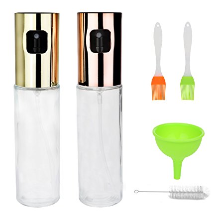 2Pcs Oil Sprayer for Cooking, Chef Ideas Olive Oil Sprayer Dispenser for Salad/BBQ/Grilling, Oil Pump Spray Mister with Glass Bottle and Stainless Steel, Rose Golden/Golden