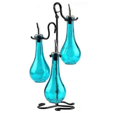 Retro Kitchen Decor Vinegar and Oil Dispenser, Olive Oil Bottle, G49 Vinegar Bottle ~ Decorative Liquid Dispenser Bottle ~ 3 Aqua Drop Bottles w/ Pour Spouts & Metal Stand