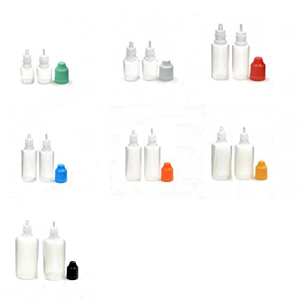 AngelaKerry Dropper Bottle Squeezable LDPE Childproof Cap Liquid Ejuice Empty Wholesale Tip Multicolor£¨Pack of 50pcs,Average color caps with tip inner cap size 30ml)