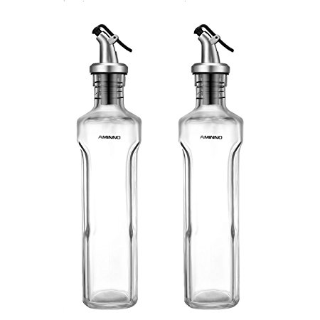 Flexzion Olive Oil and Vinegar Dispenser Cruet Glass Bottle with Lever Release Pourer Spout 12 Oz 350ml Set of 2 - Salad Dressing Container for Kitchen Restaurant Home Cooking Accessories