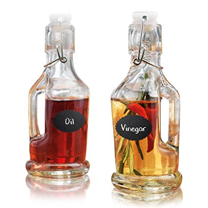 Clear Glass 7.6-oz Oil & Vinegar Cruets with Chalkboard Labels, Mini Set of 2 Airtight Bail & Trigger Bottles