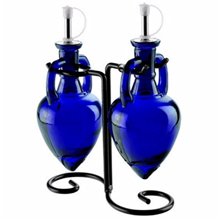 Glass Soap dispenser for Kitchen, Olive Oil Bottle Holders or Cruet Set G224M Cobalt Blue Amphora Style Bottle Set with Stainless Steel Pour Spouts, Corks & Powder Coated Black Vintage Metal Stand