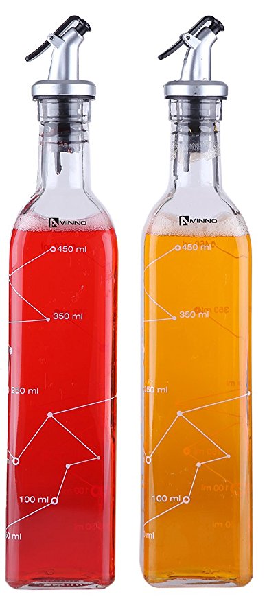 Oil and Vinegar Dispenser Salad Dressing Cruet Glass Bottle 2 Piece Set - With Lever Release Pourer - 16 oz, 12-Inch