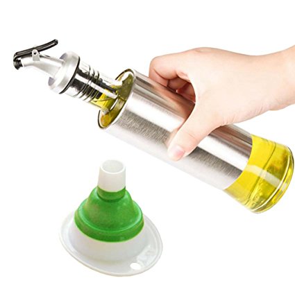 W·Z 11oz Glass Olive Oil Dispenser Stainless Protection Soy Sauce Kitchen Vinegar Bottle (Silver)