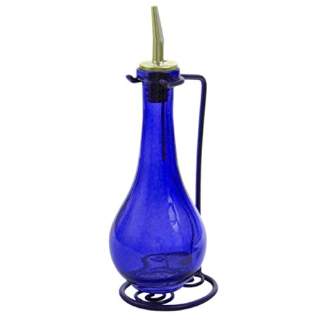 Soap Dispenser for Bathroom or Glass Cruet, Glass Bottle with Stopper G213FR Cobalt Blue Raindrop Style 8 oz. Bottle. Glass Bottle with Stainless Steel Pour Spout, Cork and Black Metal Stand