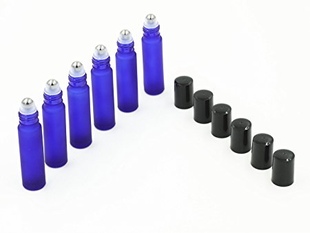 SET of 6 - 10ml Empty Blue Frosted Roll on Glass Bottle [STAINLESS STEEL ROLLER] Refillable Roll On for Aromatherapy,Fragrance Essential Oil,Perfume Bottle and Lip Balms - Metal Chrome Roller Ball