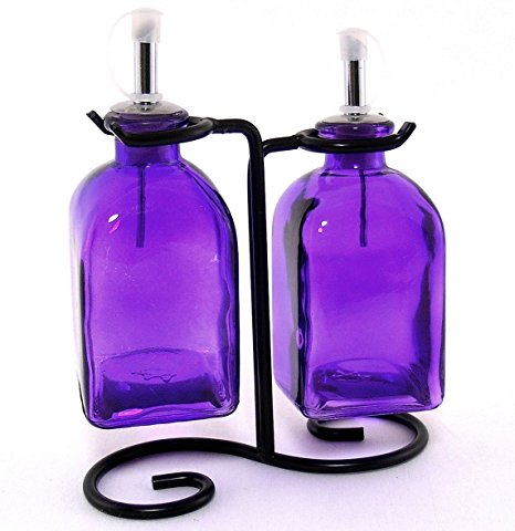 Country Olive Oil & Vinegar Kitchen Dispensers Decorative Bottles 2pc ~ G13F Purple Glass Roman Style Oil Vinegar Bottles with Pour Spout and Black Metal Stand ~ Decorative Liquid Dispensers ~ Pourer