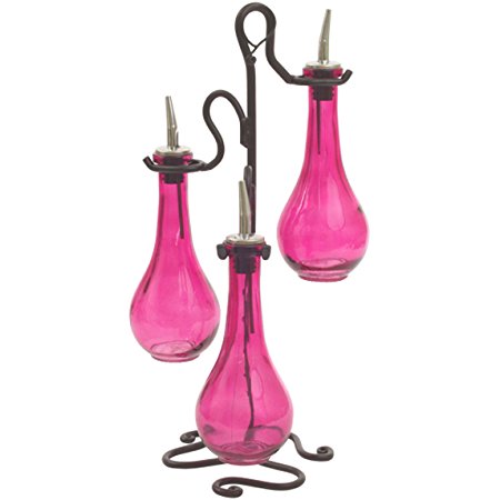 Retro Kitchen Decor Vinegar and Oil Dispenser, Olive Oil Bottle, G34 Vinegar Bottle ~ Decorative Liquid Dispenser Bottle ~ 3 Fuchsia Drop Bottles w/ Pour Spouts & Metal Stand