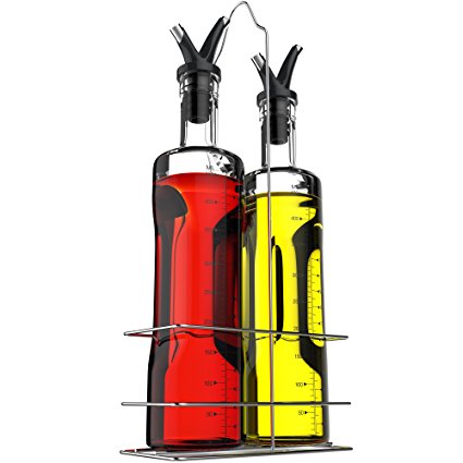 Vremi 17 oz Olive Oil and Vinegar Dispenser Set - Clear Glass Cruet Bottles for Cooking with No Drip Double Pourer Spout Stoppers and Stainless Steel Holder Stand - Kitchen Dispensing Cruets - Black