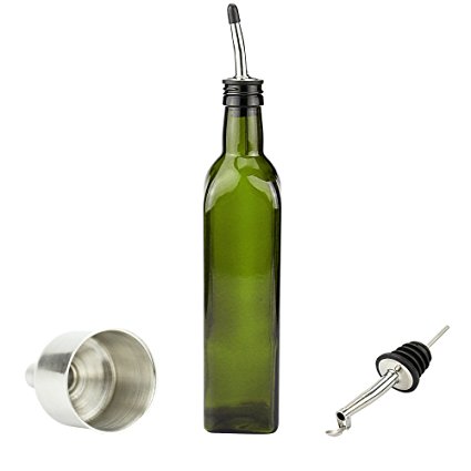 XYUN Olive Oil Bottle,17 OZ Dark Green Kitchen Oil Bottle Against Sunlight with 2 Oil Dispensing Pour Spouts for Easy Pouring,1 Stainless Steel Aided Funnel for Refilling,Leakage-free Oil Dispenser