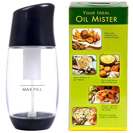 Ideal Olive Oil Mister Sprayer by The Fine Life - Best Air Pressure Cooking Oil Sprayer With Premium Clog-Free Filter - Save Calories As You Eat Bake Grill Air Fry Popcorn - FDA Approved Tritan- Black