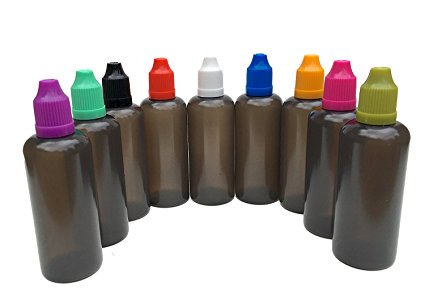 U-NEED-A-BOTTLE (9) Color Bottle Pack (2 oz) - Transparent Black EASY SQUEEZE Dark UV Resistant Dropper Container LDPE Plastic, Best for Tincture Essential Oil, CBD Dispenser - Rainbow Childproof Caps