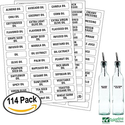 114 Alphabetized Liquids Label System: 114 Names of Oils, Vinegars, Sauces, Syrups & Blank Labels by Talented Kitchen. Clear PVC Sticker, Black Font. Pre-printed Condiments (114 PVC LIQUID LABELS)