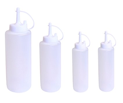 Set of 4 Plastic Squeeze Bottles with Caps in Assorted Sizes, Ketchup BBQ Sauce Dispensing Bottles