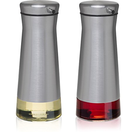 CHEFVANTAGE Olive Oil and Vinegar Cruet Dispenser Set with Elegant Glass Bottle and Drip Free Design - Stainless Steel