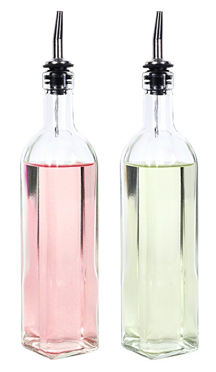 CucinaPrime Oil Vinegar Cruet Square Tall Glass Bottle 16 oz with Stainless Steel Pourer - Set of 2