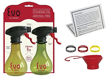 Oil Sprayer Bottle for Cooking, Evo Set Of 2, 8 Ounce Reusable Refillable Spritzer for the Kitchen, BBQ with Funnel, Identification Bands and Informational Card