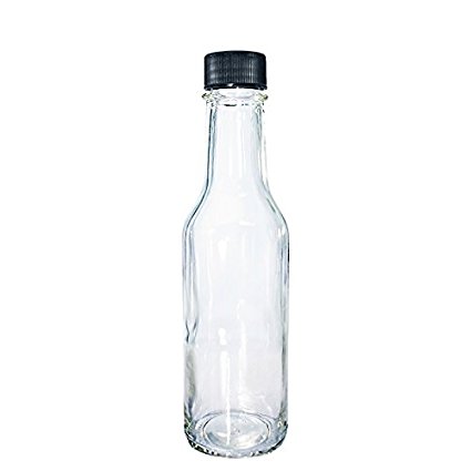 (12 pack) 5 oz. Clear Glass Hot Sauce Bottle with Black Cap and Orifice Reducer