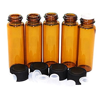 Bestartstore 5ml Amber Glass Bottle - Pack of 24pcs Refillable Essential Oil Sample Bottles with Orifice Reducer and Black Cap