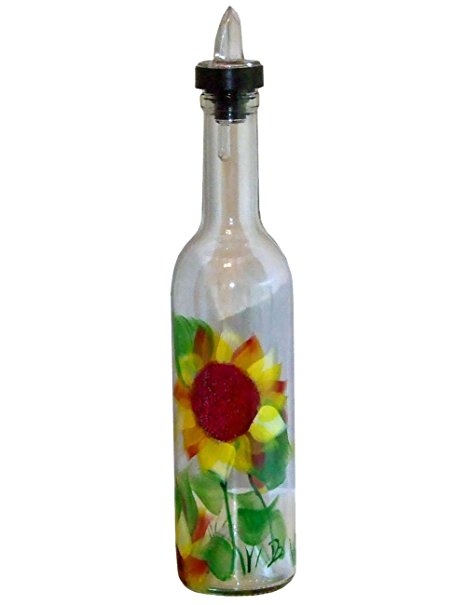 ArtisanStreet Sunflower Design on Clear Glass Pour Bottle, Hand Painted and Signed by Artisan