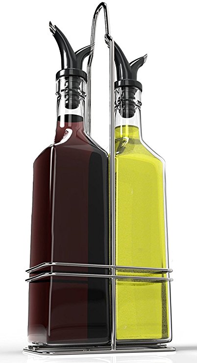 Royal Oil and Vinegar Bottle Set with Stainless Steel Rack and Removable Cork – Dual Olive Oil Spout – Olive Oil Dispenser, 17oz Olive Oil Bottle and Vinegar Bottle Glass Set