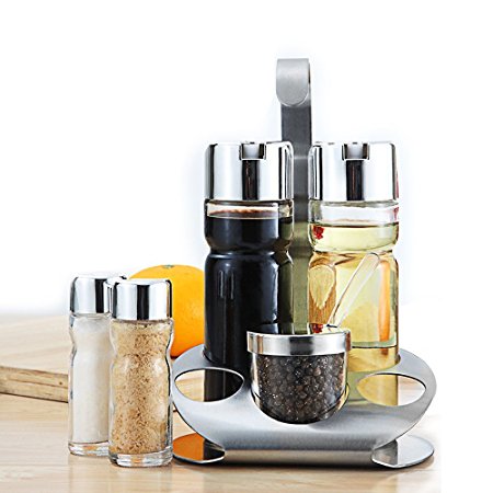 YOULANDA Olive Oil and Vinegar Dispensers Bottle Set-Includes Glass Cruet Set and Small Salt and Pepper Shakers with Caddy Stand, Set of 5