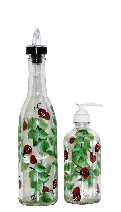 ArtisanStreet's Lady Bug Design Pour Bottle & Soap Pump Dispenser Set. Hand Painted