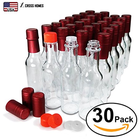 Hot Sauce Woozy Bottles Empty 5 Oz Complete Sets of Premium Commercial Grade Clear Glass Dasher Bottle with Shrink Capsule, Leak Proof Screw Cap, Snap On Orifice Reducer Dripper Insert (Red 30 Sets)