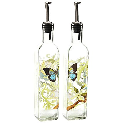 CEDAR HOME Olive Oil Bottle Set Glass Dispenser Vinegar Cruet 17oz. with Stainless Steel Leak Proof Pourer Spout for Cooking or Salad