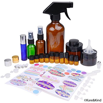 Kare & Kind Refillable Essential Oil Bottle Kit - Includes: 16x Multi-Size Essential Oil Bottles / Jars, 3x Sprayers, 16x Caps, 78x Labels (4 Sizes), 2x Mini Droppers + 1x Mini Funnel for Easy Filling