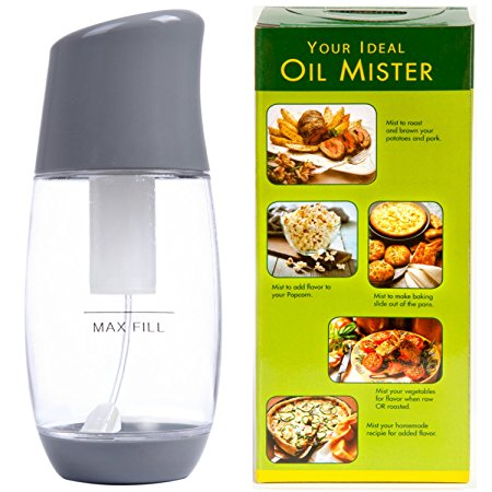 Ideal Olive Oil Mister Sprayer by The Fine Life - Best Air Pressure Cooking Oil Sprayer With Premium Clog-Free Filter - Save Calories As You Eat Bake Grill Air Fry Popcorn - FDA Approved Tritan - Grey