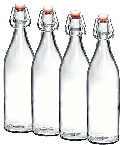 Bormioli Rocco Giara Clear Glass Bottle With Stopper [Set of 4] Swing Top Bottles Great for Beverages, Oil, Vinegar | 33 3/4 oz