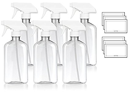 16 oz / 500 ml Clear PET (BPA Free) Plastic Oblong Flask Style Refillable Bottle with White Trigger Sprayer (6 pack) + Labels