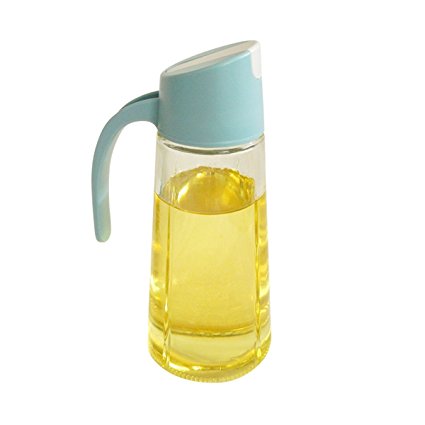 Olive Oil Dispenser Bottle Vinegar Sauce Container Cruet Glass Jar Auto Flip Cap 17oz non-slip handle (blue)