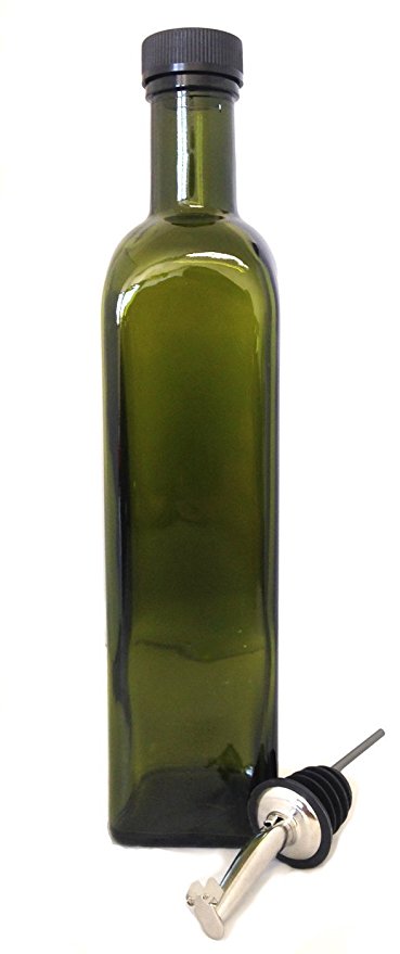 Olive Oil Dispenser with Stainless Steel Flip Top Pourer, Dark Green, Square, 500ml