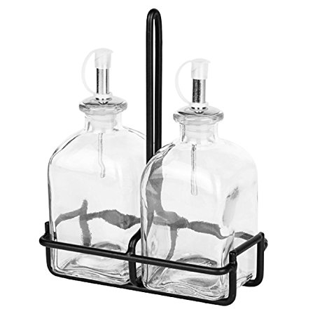 Roman Olive Oil & Vinegar Clear Glass Bottle Tabletop Kitchen Set G57M Set of 2, Clear Glass Olive Oil & Vinegar Dispenser w/ Spout and Black Rod Iron Caddy