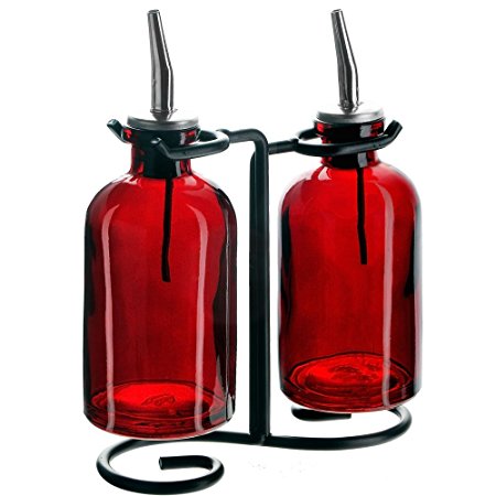 Couronne Company M075-275-06 Apothecary Double Oil & Vinegar Glass Cruet Set w/ Stand, 8 oz 2, Red, 1 Piece