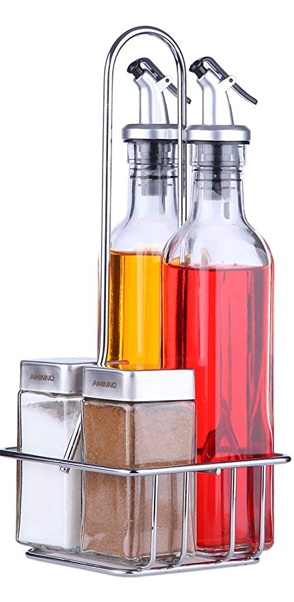 Oil and Vinegar Dispensers 5 Piece Combo Set - Includes Glass Cruet Set and Salt and Pepper Shakers with Convenient Caddy Stand - Features Lever Release Pourer & Stainless Steel Tops - 9 oz. and 4 oz.