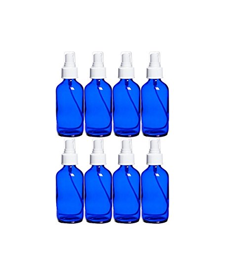 Perfume Studio® 4 oz Cobalt Blue Glass Spray Bottles & Essential Oil Sample (Set of 8 Cobalt Sprayer Bottles & 1 Perfume Studio Essential Oil Glass Vial). Ideal and Versatile Bottles for Essential Oils, Perfumes, Room Sprays, Repellents, Tanning Lotions, Skin Products, and More (Changeable Tops: Pump, Dropper, Cap, Sprayer Color)