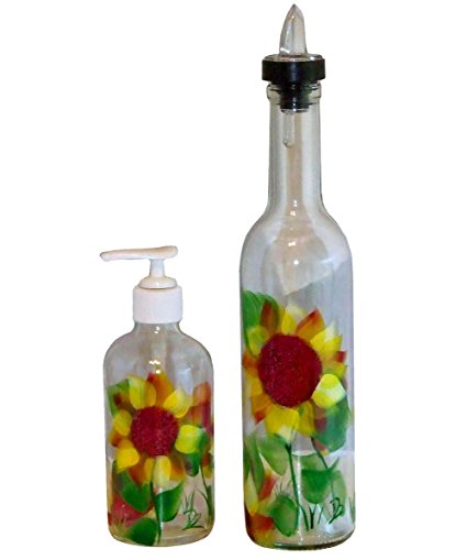 ArtisanStreet's Sunflower Design Pour Bottle & Soap Pump Dispenser Set. Hand Painted on Clear Glass.