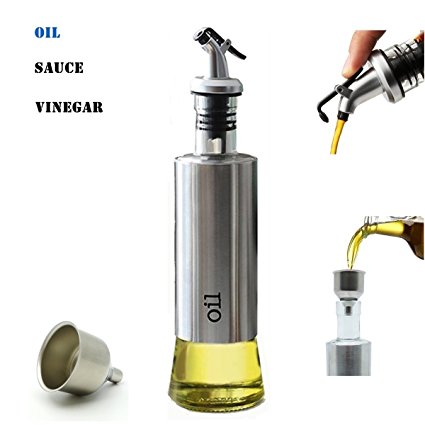 Olive Oil Vinegar and Sauce Dispenser Bottle with funnel - 10.3oz/300ml Oil Vinegar and Sauce Cruet Pourer Dispensing Glass and Stainless Steel Bottles for Kitchen by Walls Home & Decoration (Oil)