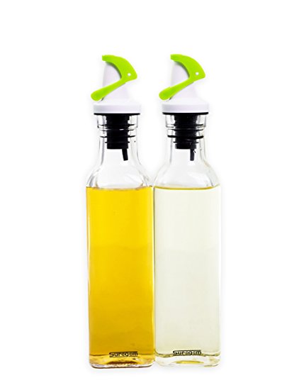 Olive Oil-Vinegar Cruet Glass Bottles 9oz 270ml Set of 2 With Hygienic Automatic Dispenser Spouts