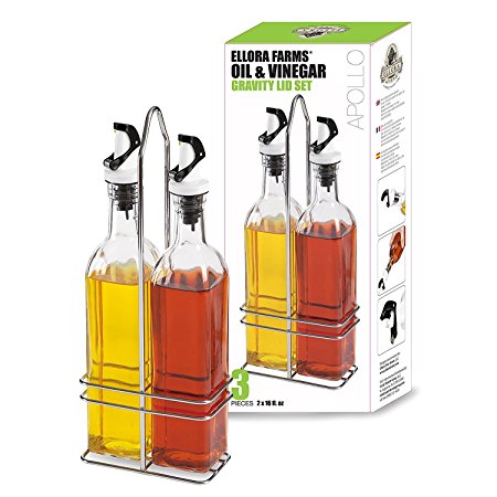 Ellora Farms | Apollo Edition | Cruet Set | Gravity Pourer | 16 oz Glass Bottles with Steel Caddy | Suitable for Oil, Vinegar, Salad dressings | Innovative Designer Packaging | 3 Piece Set |