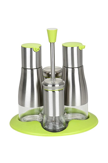 Casatii Stainless Steel and Toughened Glass Cruet Set with Rack - Set of 4 (Silver)